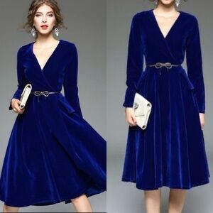 JIANSHAN RETRO INSPIRED BLUE VELVET FIT AND FLARE DRESS SIZE MEDIUM